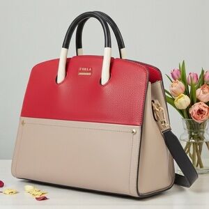 Furla Red Leather color block satchel cross body tote hand bag
